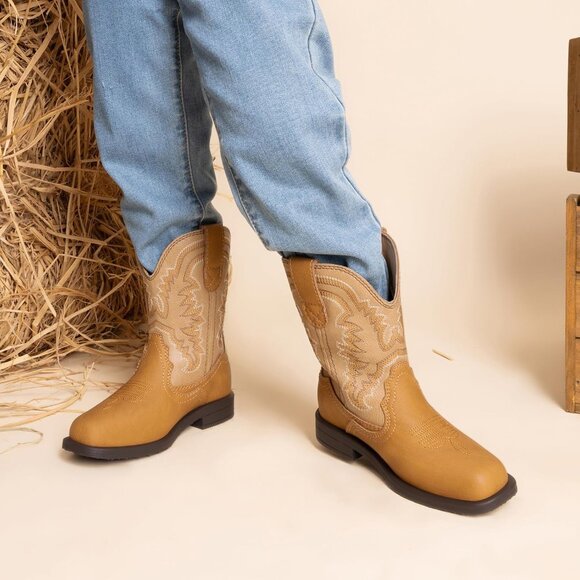 Boys Girls Cowboy Boots Toddler Kids Western Square Toe Mid Calf Brown Boots - Picture 6 of 6